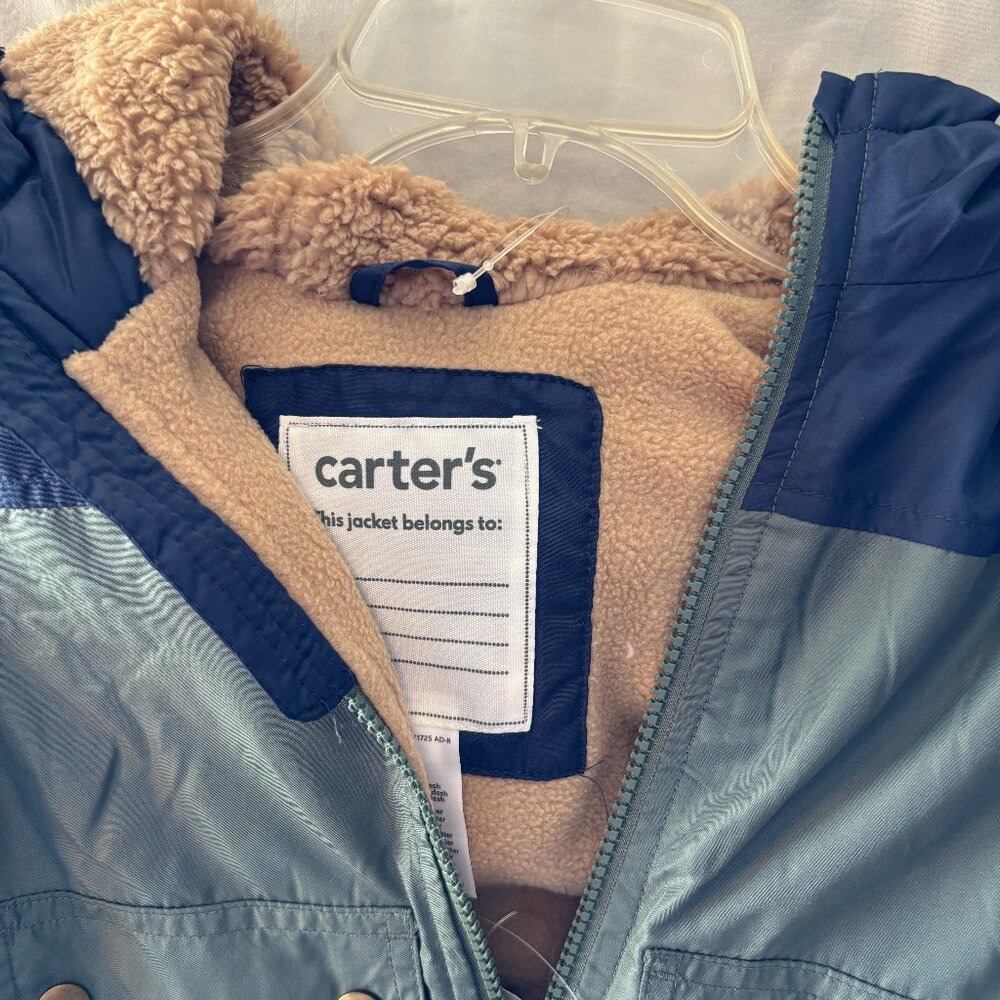 ๐ Carter's boys lightweight fleece lined jacket with hood, blue and green - NWT - Picture 2 of 3